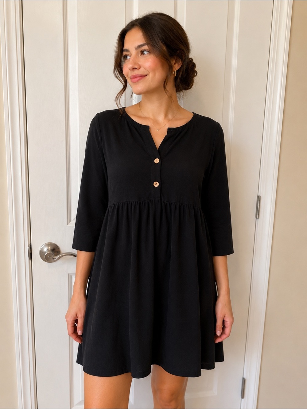Simple Black Button-Front Babydoll Dress